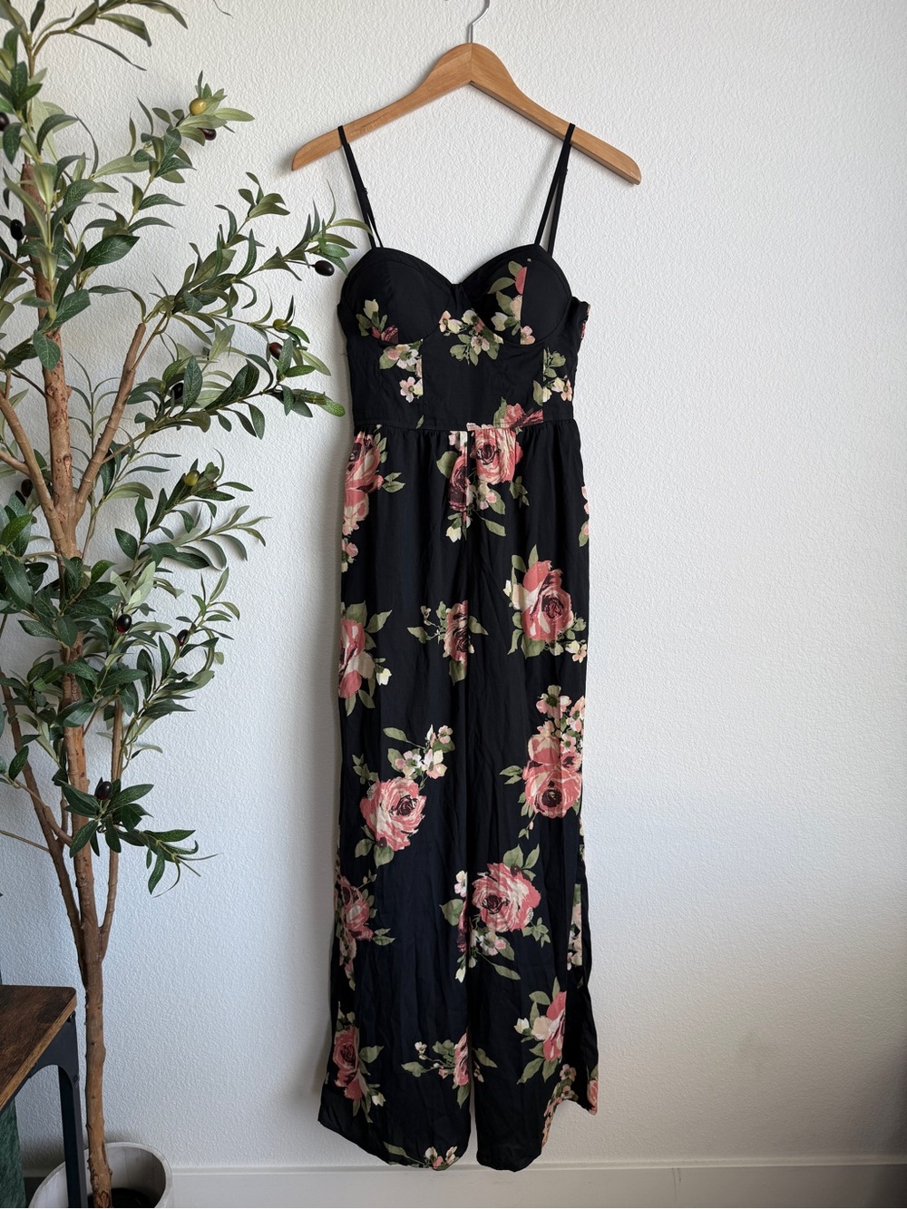 Band of Gypsies Black Floral Jumpsuit with Pink Roses